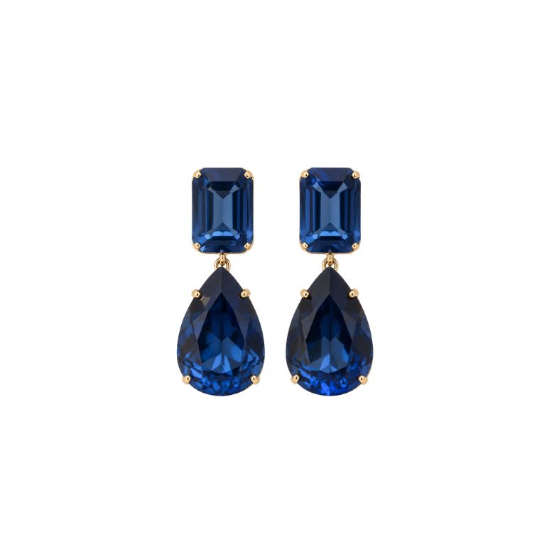 Eleganti orecchini blu con pietra rettangolare e goccia pendente in acciaio dorato.