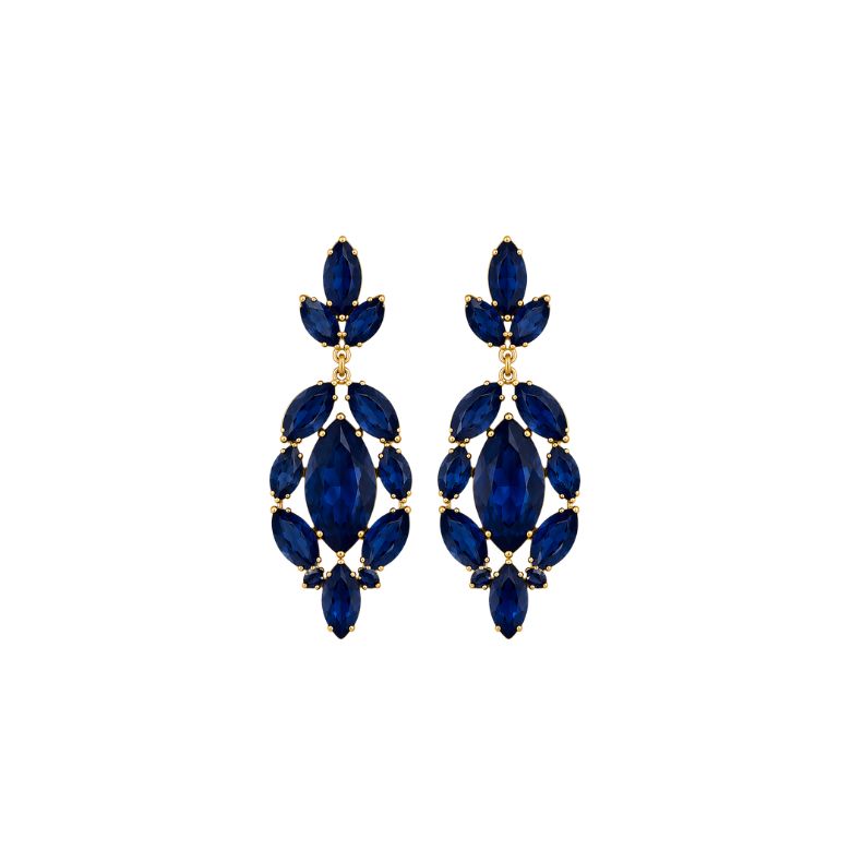 Orecchini blu pendenti con pietre a goccia e motivo floreale dorato.