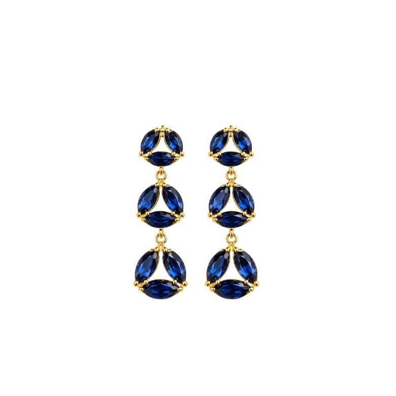 Eleganti orecchini blu pendenti con pietre intrecciate in acciaio dorato.
