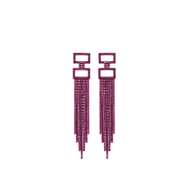 Orecchini fucsia con frange luminose. Design geometrico e scintillante per un look audace.
