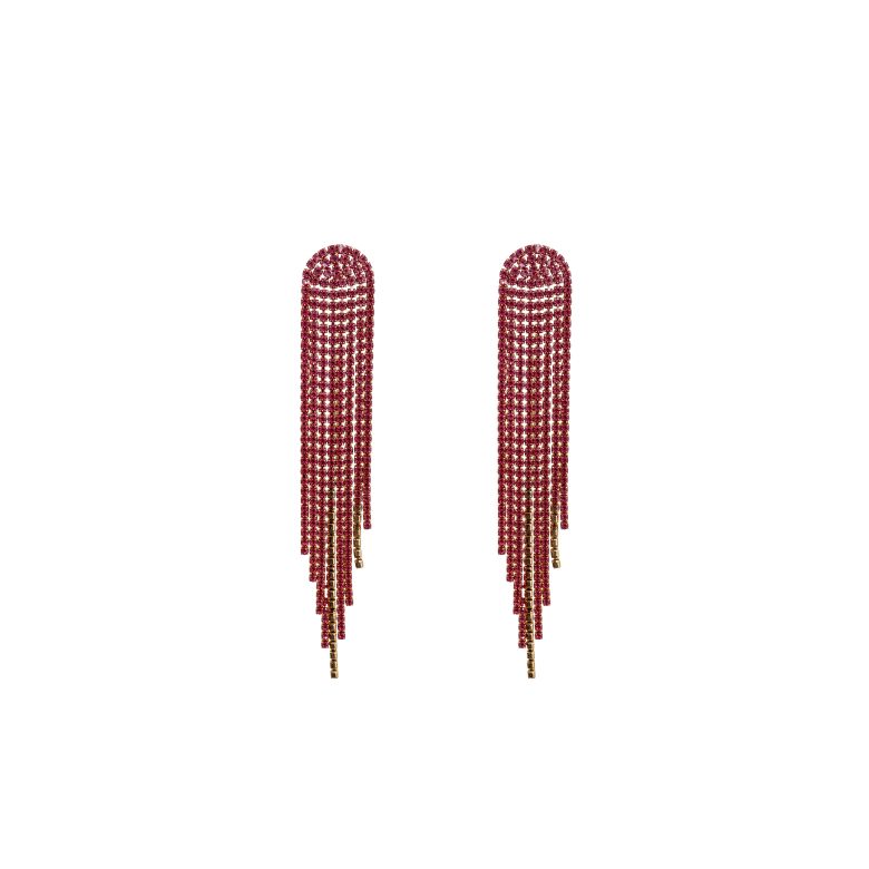 Eleganti orecchini fucsia con frange di cristalli e dettagli in acciaio dorato. 
