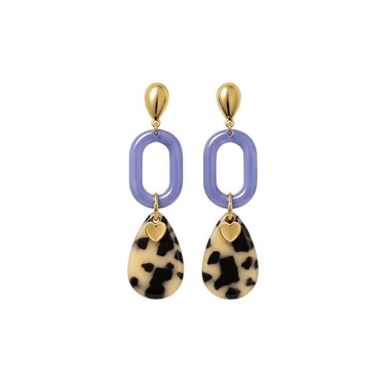 Eleganti orecchini lilla con goccia maculata e cuore dorato. Accessorio moda.