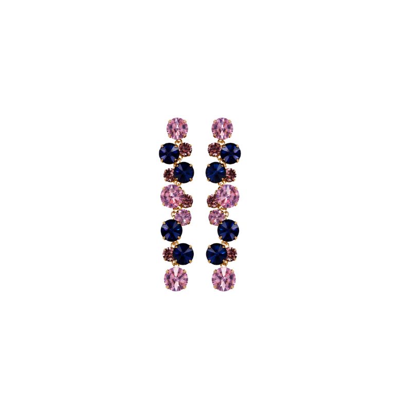Orecchini viola lunghi con pietre rosa e blu su struttura in acciaio dorato